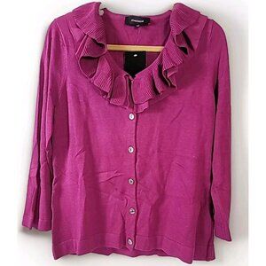 Jones Wear Sweater Cardigan Sz XL Lavender Artisian Knit & Sheer Ruffle Collar
